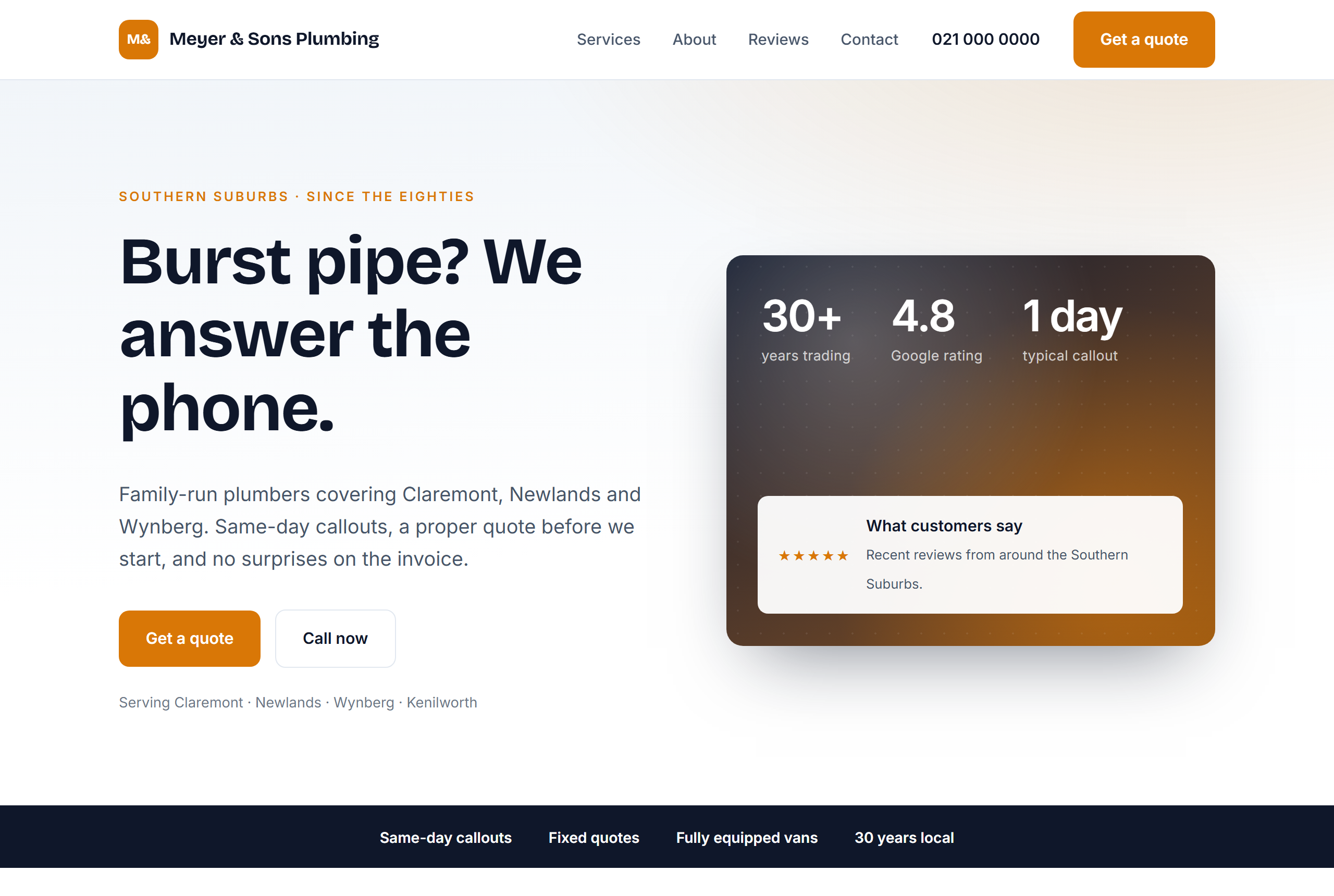 Example website for a plumbing business, showing services and reviews